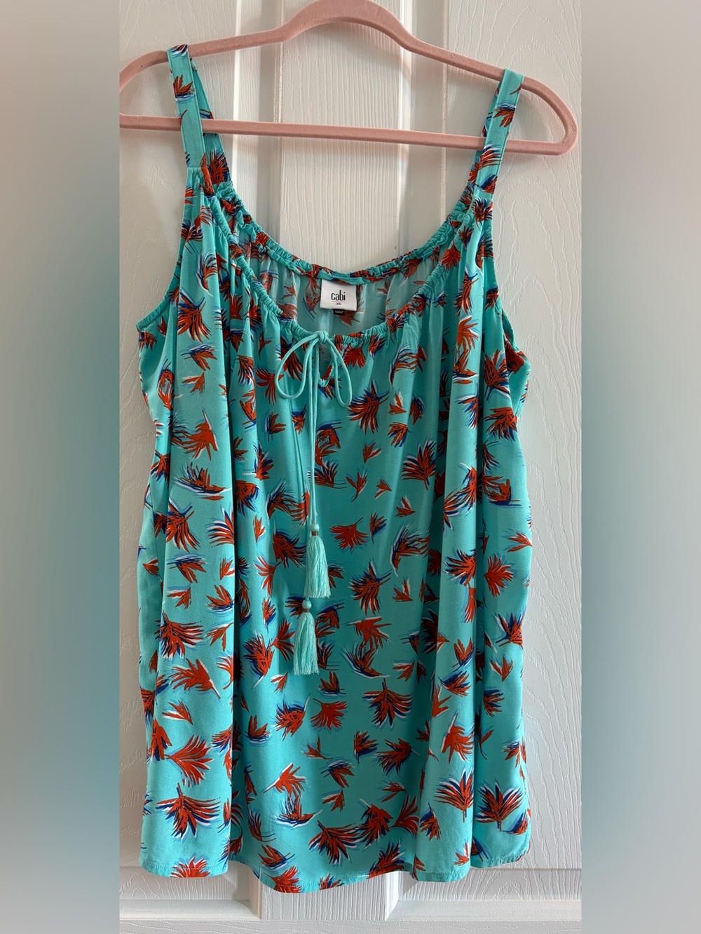 CAbi   Palm Leaf Print Tassel Tank XL